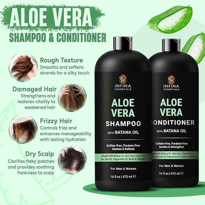 Aloe Vera Shampoo and Conditioner Set | 16 fl oz Each | with Batana Oil | Hydrating, Soothing & Moisture Balance Formula | Nourishing Care for Dry, Itchy or Sensitive Scalp