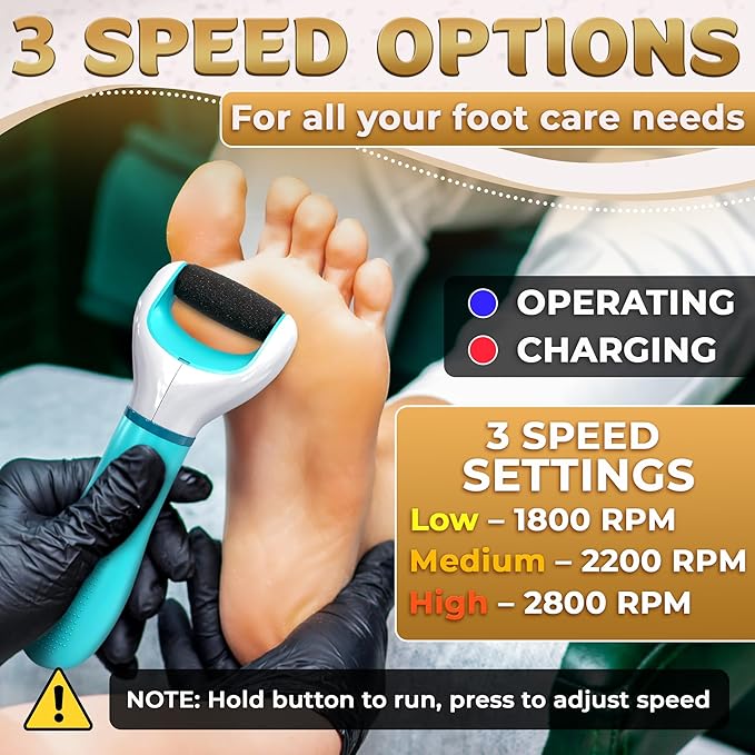 USB Rechargeable Electric Foot Callus Remover Tool – 3-Speed Foot Sanders for Feet (1800/2200/2800 RPM) with Replaceable Roller | 1200mAh, 70 Min Runtime – Pedicure Tools for Feet Smoothing