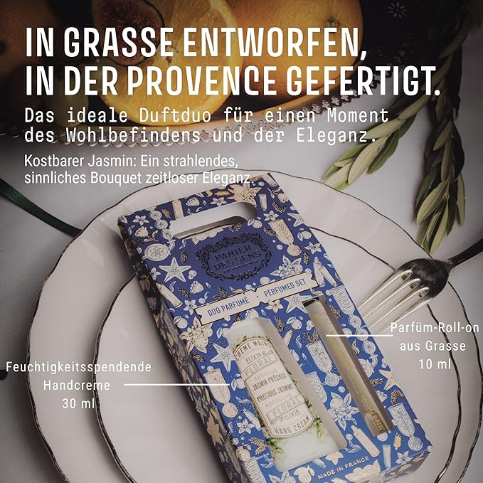 Panier des Sens - Jasmine Gift Duo - Hydrating Hand Cream with 96% Natural Ingredients & Roll-On Eau de Toilette - Made in France, Vegan, Perfect Holiday Gift - Travel Size 1.7 Fl Oz + 0.3 Fl Oz