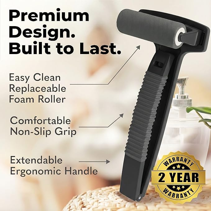 bearback Lotion Applicator for Back & Body - Long Reach Folding Handle with Reusable Foam Rollers - Apply Lotion, Medication, Ointment, Sunscreen, Self Tanner - (Black) (Handle with 2 Rollers)