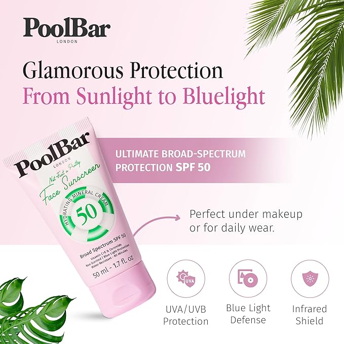 PoolBar Mineral Face Sunscreen Cream for Women and Men Sun Care, SPF 50, Hydrating Mineral, Vitamin C, E, and Ceramide, Non Scented Water Resistant Sunscreen, Blue Light Protection - 50ml (Pack of 3)