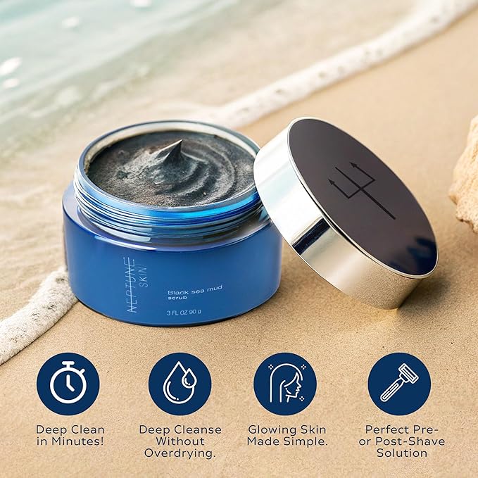 Neptune Black Sea Mud Scrub 3 Fl Oz | Deep Cleansing & Exfoliating Face Scrubber for Acne, Razor Bumps & Redness | Hydrates & Soothes Skin with 100% Natural, EWG Verified Ingredients