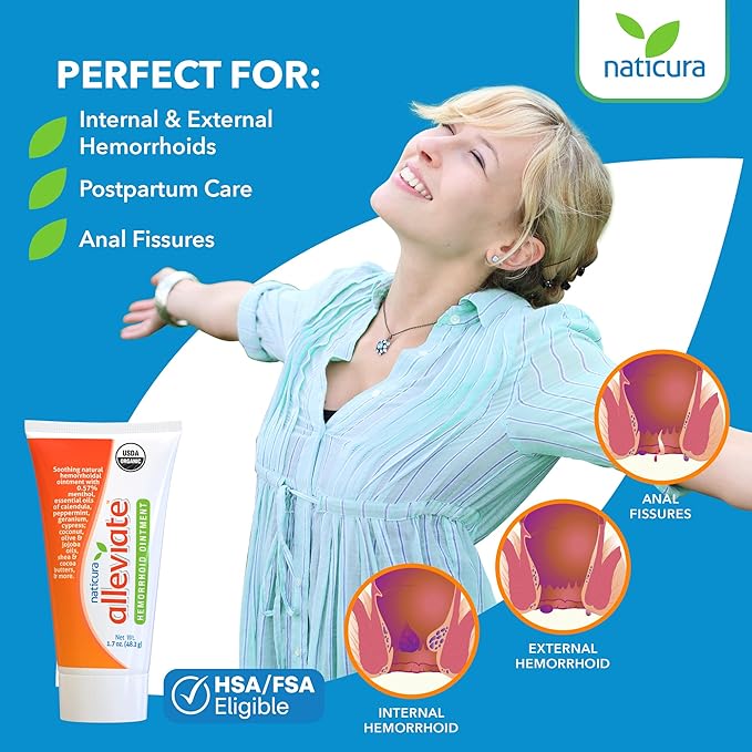 Alleviate Hemorrhoid Treatment Ointment - 100% Natural Fast Acting Cream to Relieve Discomfort - Calms and Soothes Burning, Itching, Bleeding Fissures and Swelling - Made in USA