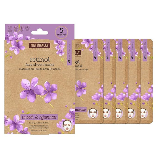 Naturally - Rejuvenating Retinol Infused Sheet Mask – Anti Aging, K-beauty Inspired, Reduce the appearance of fine lines and wrinkles, 5 Sheet Masks Included