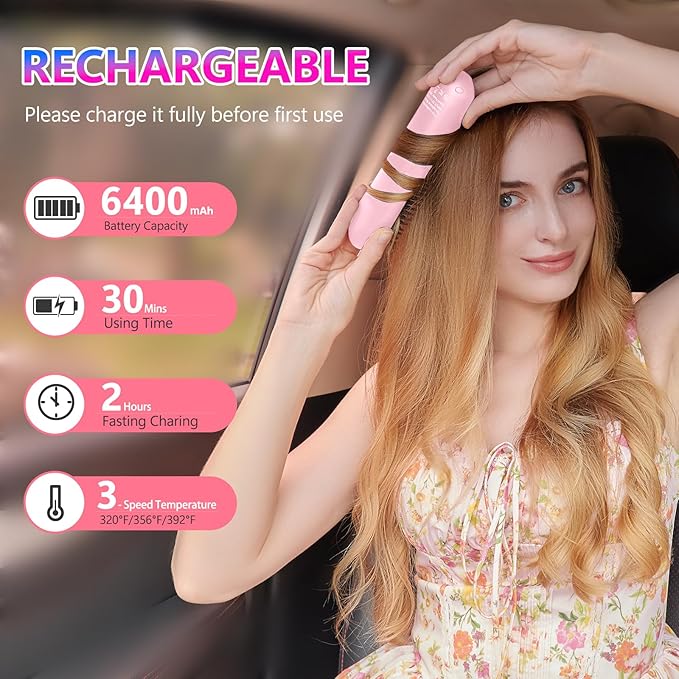 LCD Screen Cordless Hair Straightener Curler 2 in 1, Portable Mini Hair Straightening Brush for Travel Negative Ionic Fast Heating Hot Comb for Women, Folding Brush with Mirror, Pink