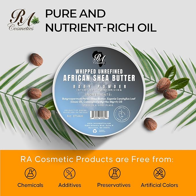 RA Cosmetics Whipped Shea Butter Baby Powder - 6oz | 100% Pure & Natural African Shea Butter for Men & Women - Ultimate Handcrafted Moisturizer with Essential Vitamins for Radiant Skin & Luscious Hair