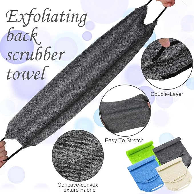 Moukeren Exfoliating Back Scrubber with Handles 4 Pack Nylon Back Exfoliator Extended Length Washers Scrubbers Stretchable Pull Strap Exfoliating Washcloth(Dark Blue, Gray, Beige, Fluorescent Green)