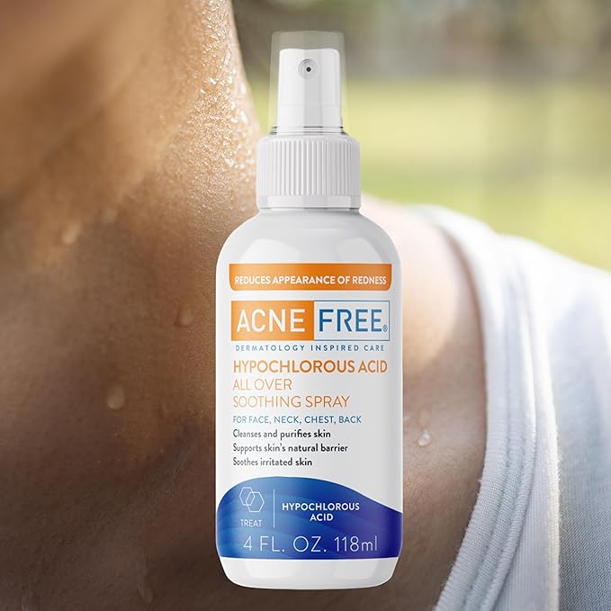 AcneFree Hypochlorous Acid Soothing Spray for Face & Body – Redness Relief Mist for Acne-Prone, Sensitive, or Irritated Skin – Gentle Daily Spray for Breakout Support & Skin Barrier Balance – 4 ounce