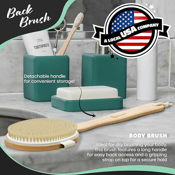 Nevlers Natural Boar Bristle Dry Brush for Body Massage 5-Piece Set | Detachable Long Wooden Handled Back Scrubber for Shower, Body Scrubber Exfoliator, Face Brush, Manicure Tool & Cloth Travel Bag