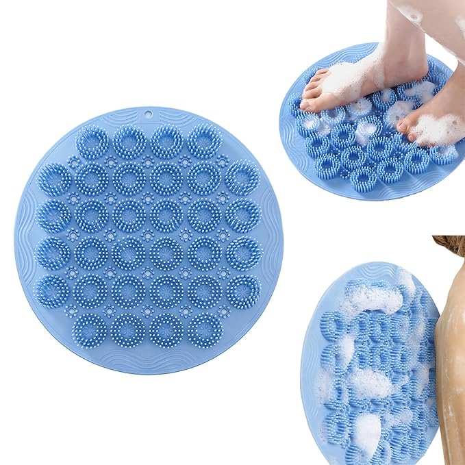 Shower Foot Scrubber Mat & Silicone Back Scrubber with Soft Silicone Bristles,Quick Drying Foot Scrubber in Shower,Deep-Cleaning Wall Mounted Back Scrubber Bath (Blue)