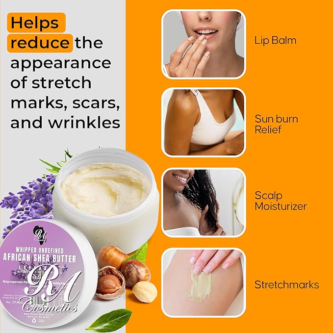 RA COSMETICS Whipped Shea Butter Lavender - 100% Pure and Natural African Shea Butter - Ultimate Handcrafted Moisturizer with Essential Vitamins for Radiant Skin and Luscious Hair - 12oz Jar