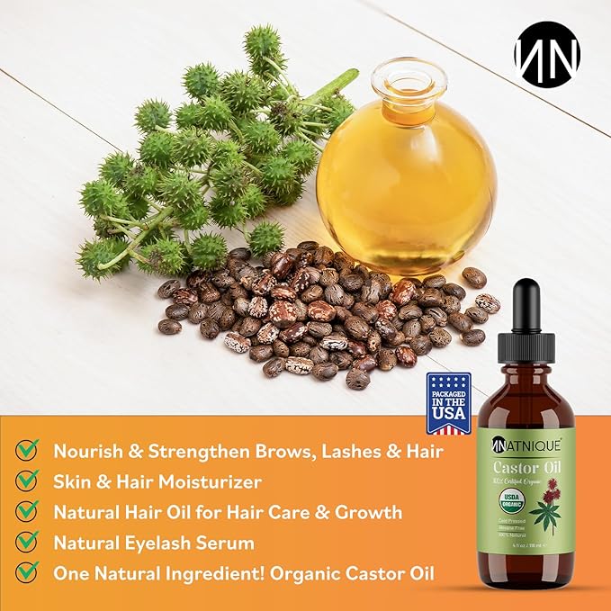 Natnique Castor Oil 4oz – USDA Certified Organic, 100% Pure Cold Pressed Unrefined Oil for Hair Growth, Eyelashes, Eyebrows & Scalp – Natural Skin Moisturizer, Lash Serum & Hair Treatment