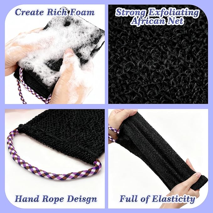 Manmihealth Dual-Sided Silicone Body Scrubber Scalp Massager & African Bath Sponge Net Set, 2-in-1 Silicone Shower Shampoo Brush Africa Wash Net Combination, Lather Well, Strong Exfoliating (Black)