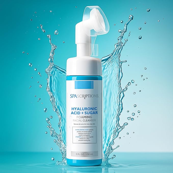 SpaScriptions Hyaluronic Acid + Sugar Foaming Facial Cleanser, pH Balanced, Non Comedogenic, Paraben Free, For All Skin Types, 5 fl oz / 150 mL