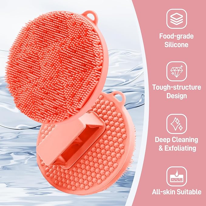 Foot Brush/Foot File/Silicone Body Scrubber Set(3PCS), 3-in-1 Foot Scrubber with Long Handle, 10.2’’-27.5’’Adjustable Foot Scrub Brush with Foot File and Silicone Loofah, Gift-Box(Pink Set)