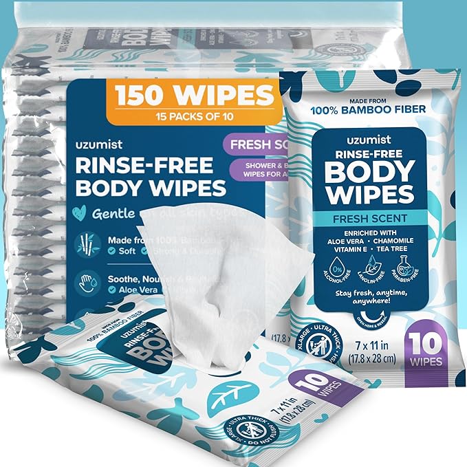 Body Wipes for Adults Bathing No Rinse 150pc XL - Ultra Thick Shower Travel Wipes for Personal Cleansing & Hygiene Essentials, Elderly Care, Incontinence Disposable Washcloths for Women Men