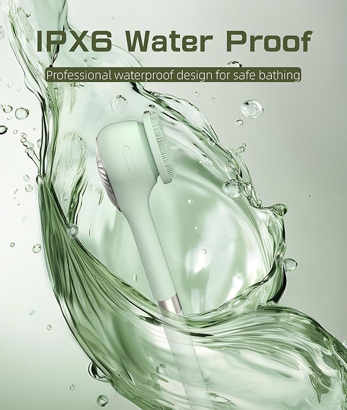 Electric Body Brush Back Scrubber for Shower, IPX6 Water Proof Bath Brush with Long Handle, 6 Heads 3 Speeds Rechargeable Electric Spin Scrubber for Cleanse, Massage, Exfoliate