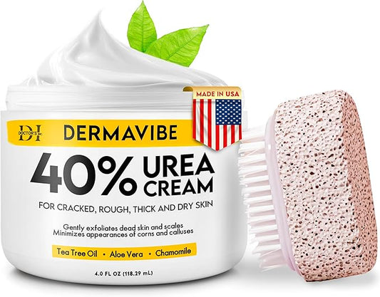 Premium 40% Urea Cream For Feet - Made In USA - Maximum Strength with Pumice Stone & Brush | Tested by Doctors | Intense Moisturizer & Corn, Callus and Dead Skin Remover, Dermavibe by DOCTOR'S INC.