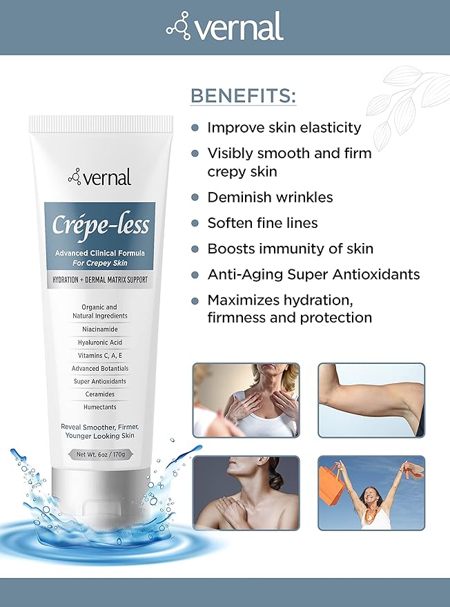 Vernal Crepe-less skin firming cream to reduce crepey arms, neck & hands. Organic tightening cream to reduce thin dry wrinkled skin. Best moisturizer to treat dry thin arms. Made in USA (6 Oz)