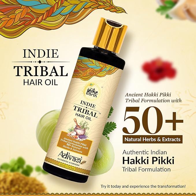 The Indie Earth Indie Tribal Adivasi Hair Oil Based on Hakki Pikki Tribe’s Hair Care Formula with 50+ potent ingredients including Moringa, Bhringraj, Hibiscus, Heena, Blackseed & Rosemary Oil