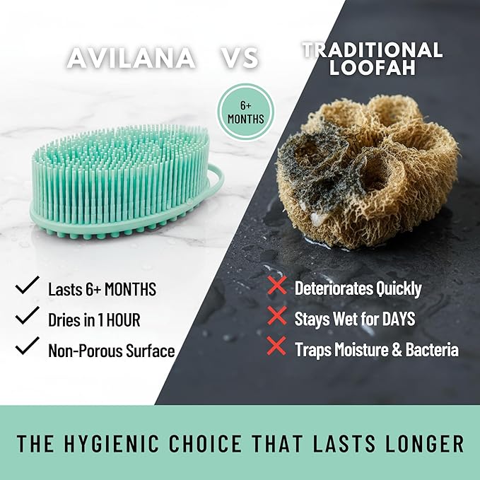 Silicone Body Scrubber for Shower - Gentle Exfoliating Back Scrubber with Soft Bristles - Avilana Premium Dual Sided Bath Brush Massage - Loofah Alternative for Sensitive Skin - Gift Women Men