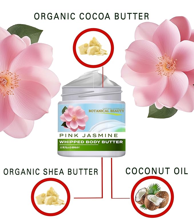 Botanical Beauty PINK JASMINE WHIPPED BODY BUTTER with Shea Butter, Cocoa Butter, Coconut Oil for All Skin Types, for Dry, Sensitive Skin. Moisturizing Cream for Women, Men (8 Fl Oz 240 ml)