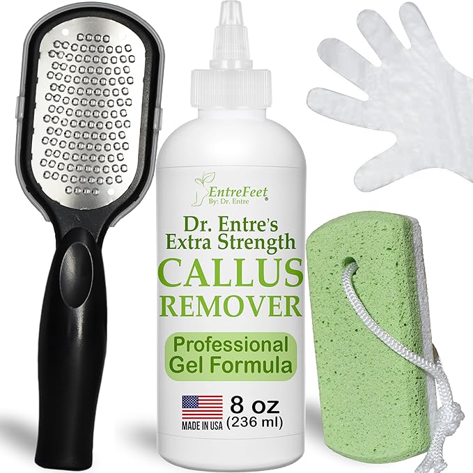 Dr. Entre's Callus Remover Gel Kit for Feet: Foot File, Pumice Stone, 5 Glove Pairs for Gel Application, Spa Kit, Foot Care, Pedicure Tools, Scrubber, 8oz