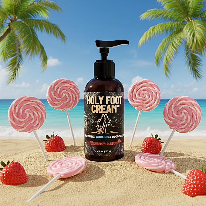 Derm Dude Holy Foot Cream for Dry Cracked Heels and Feet | Moisturizing Lotion Formulated w/All-Natural DeoPlex for Odor Control & Arrowroot for Deep Hydration - Strawberry Lollipop Scent 4oz (1pack)
