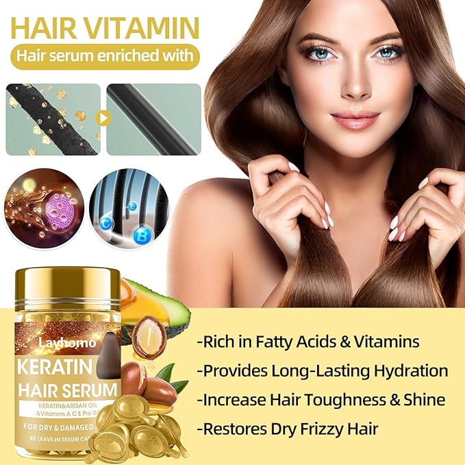 Keratin Hair Treatment Serum,Hair Serum Treatment for Dry Damaged Hair,Hair Oil Capsules with Keratin,Argan Oil-Leave-in Anti Frizz Conditioner with Vitamins A, C, E & B5- No Rinse for All Hair Types