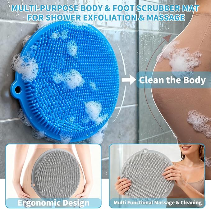 2 Pack Shower Foot Scrubber & Shower Back Scrubber Wall Mounted with Delicate Brush,Circular Design Shower Back Scrubber,Non-Slip Foot Scrubber Mat(Grey and Blue)