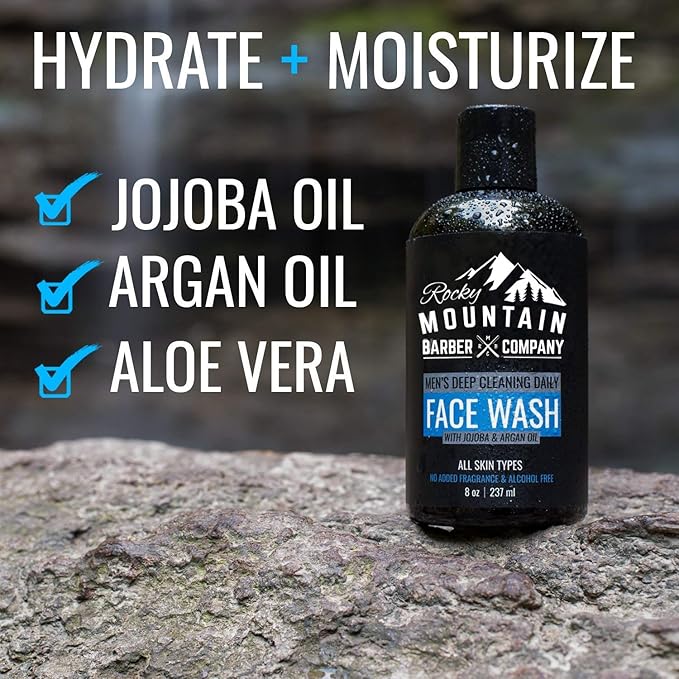 Rocky Mountain Barber Company Men's Daily Face Wash - With Jojoba Oil, Argan Oil, Chamomile Floral Water and Aloe Vera – Unscented - 8 oz