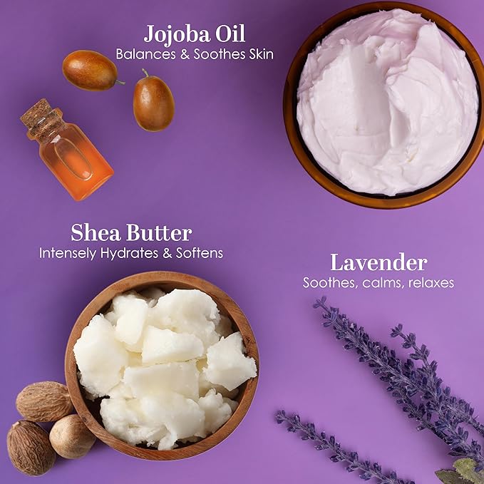 Lavender Body Butter with Shea Butter, Jojoba & Lavender Essential Oil - Natural Lotion for Women, Non-Greasy Moisturizer for Dry Skin, Whipped Body Cream