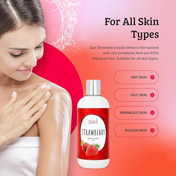 Freida and Joe Scented Body Lotion For Women, Deep Moisturizing Hand Cream, Womens Luxury Stocking Stuffers & Fragrance Gifts That Smell Good, 10oz (Strawberry)