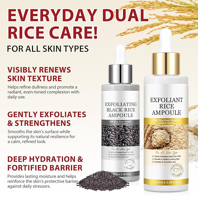 Rice Exfoliating Ampoule Set, Peel Shot Glow Rice Ampoule Duo,Duo for Gentle Peel + Pore Minimizing & Deep Hydration,Body Black and White Rice Exfoliating for All Skin Types 6.76 fl.oz
