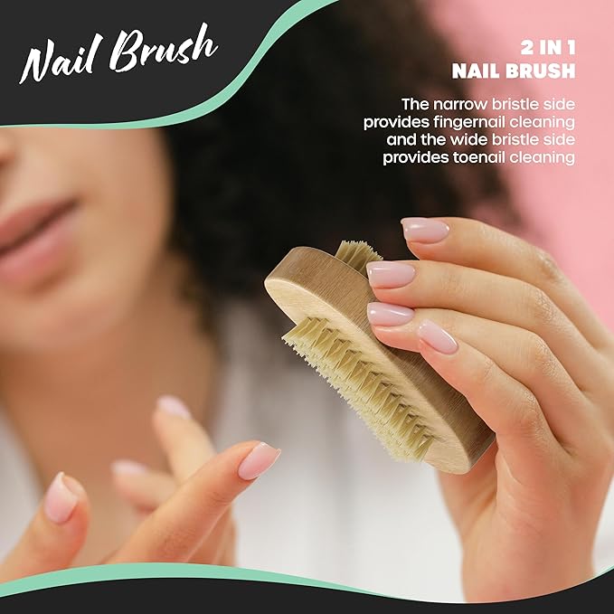 Nevlers Natural Boar Bristle Dry Brush for Body Massage 5-Piece Set | Detachable Long Wooden Handled Back Scrubber for Shower, Body Scrubber Exfoliator, Face Brush, Manicure Tool & Cloth Travel Bag