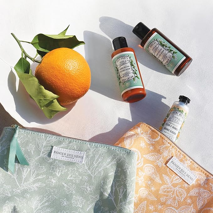 Panier des Sens - Travel Pouch Orange Blossom Gift Set - Shower Gel 3.3 fl oz + Body Lotion 3.3 fl oz + Hand Cream 1 fl oz - 97% Natural Ingredients - Made in France, Vegan Friendly Body Care