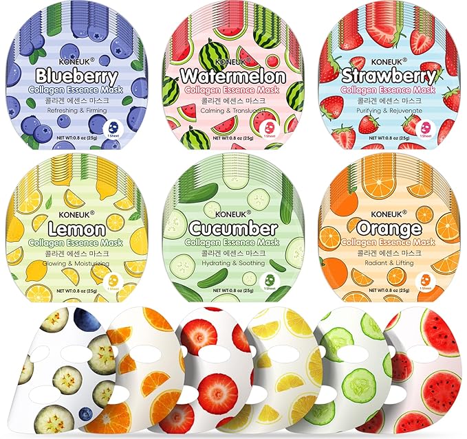 60 Pack Colorful Fruit Face Masks Skincare Set, Bulk Sheet Facial Mask for All Skin Types, Collagen Hydrating Face Mask for Women, Spa Party Gifts and Christmas Gifts (6 Types x 10 Pcs)