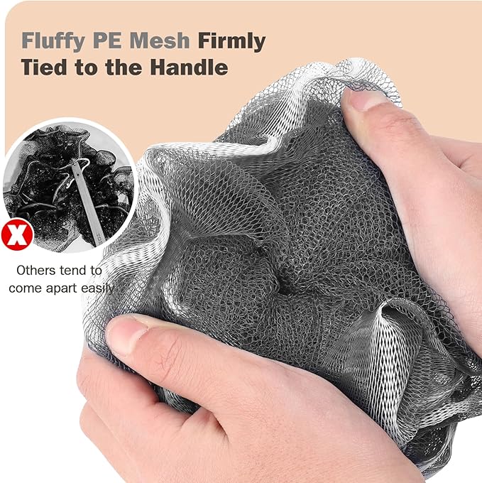 Non-Slip Back Scrubber with 17" Plastic Handle, Hand Shower Loofah & Loofah on a Stick Set, Deep Gray with White Edge