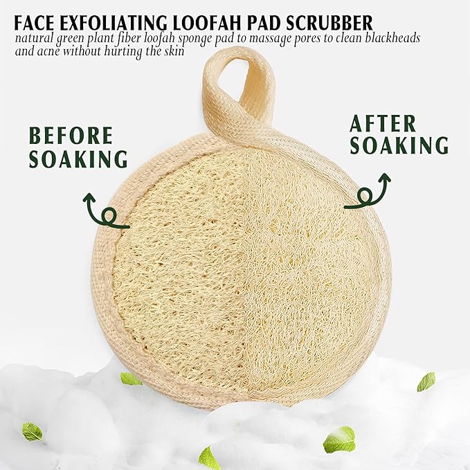 Face Exfoliating Loofah Pad Scrubber, Manual Facial Cleansing and Makeup Remover Brush 4 Pieces, Natural Loofa Sponge Pads Massage Pores and Clean Blackheads Without Hurting The Skin