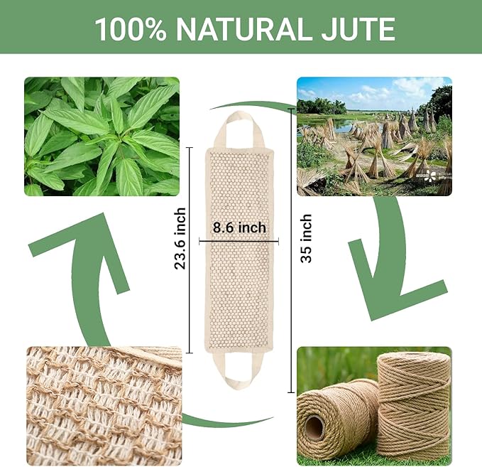 Back Scrubber for Shower with Handles | Natural Jute Body Exfoliator, Long Rectangular Bath Loofah for Deep Cleansing, Reusable Loofah for Women and Men (Exfoliating Back Scrubber)