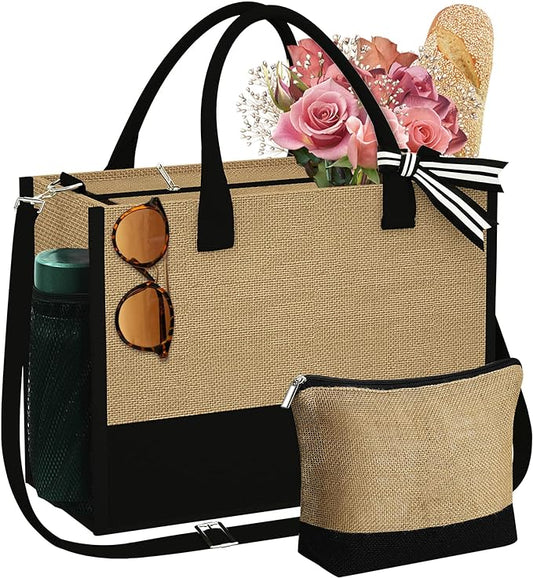 YOOLIFE Christmas Gifts for Women - Initial Jute Tote Bag & Makeup Bag, Birthday Gifts for Women Mom Wife Teacher Friend