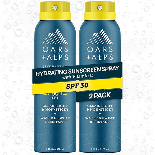 Oars + Alps Sunscreen Spray for Face & Body Spray Sunscreen Infused with Vitamin C & Antioxidants, No White Residue, Water & Sweat Resistant, All Skin Types, Lightweight, Hydrating, SPF 30, 6 Oz, 2pk