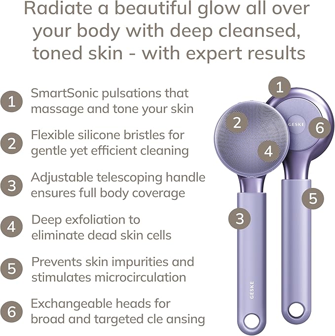 GESKE Sonic Full-Body Brush & Intensive Exfoliator | 8 in 1 | Electric Body Cleansing Brush | With SmartSonic Pulsations | Deep Cleansing, Exfoliation, Massage | Extendable Handle | Rough Skin Remover