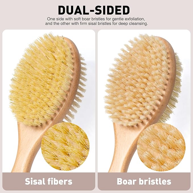 Short-Handle Dual-Sided Bath Massage Brush, Soft Boar & Firm Sisal Bristles, Portable (Natural Beech Wood)