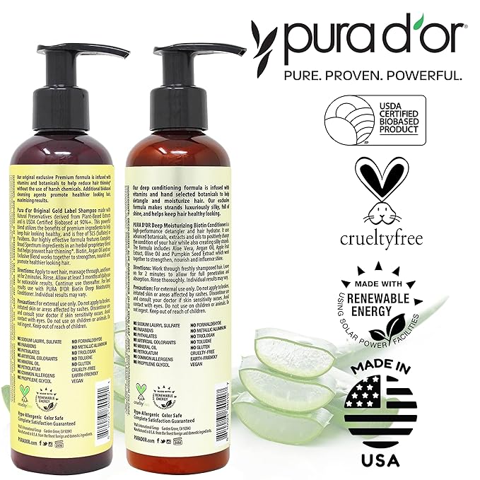 PURA D'OR Anti-Thinning Biotin Shampoo and Conditioner Natural Earthy Scent, CLINICALLY TESTED Effective Results, Herbal Blend Thickening Products For Women & Men, Original Gold Label Set, 8oz x2