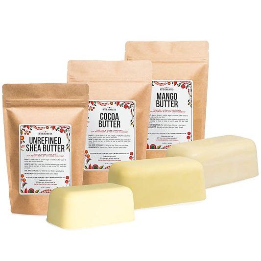 Better Shea Butter Set of Raw Shea Butter, Raw Mango Butter, Unrefined Cocoa Butter For Soap Making and DIY Body Butters, Lip Balms, Body Lotions - Each Butter is 16 oz Making 48 oz Total (3-Pack Set)