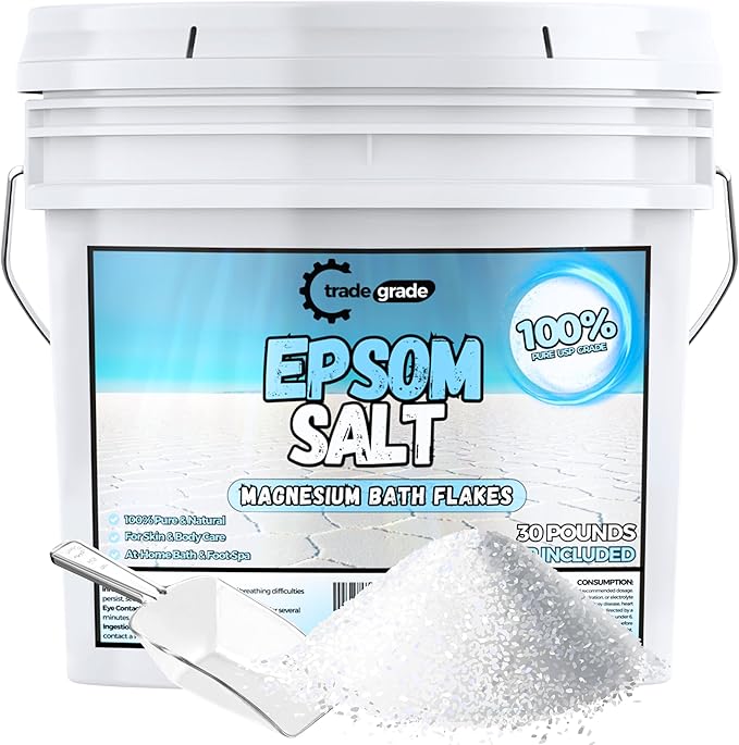Epsom Salt Bath Soak 30 lb Bucket – Unscented, Pure Epsom Salt Bulk Crystals, Magnesium Sulfate for Full Body or Foot Soaks, Resealable Container with Scoop for Home Bath Use