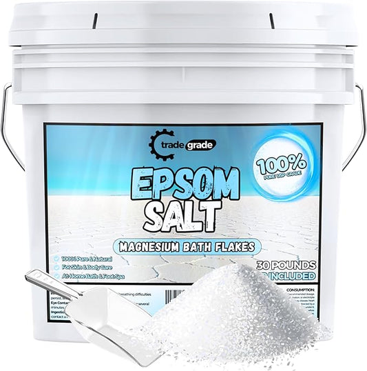 Epsom Salt Bath Soak 30 lb Bucket – Unscented, Pure Epsom Salt Bulk Crystals, Magnesium Sulfate for Full Body or Foot Soaks, Resealable Container with Scoop for Home Bath Use