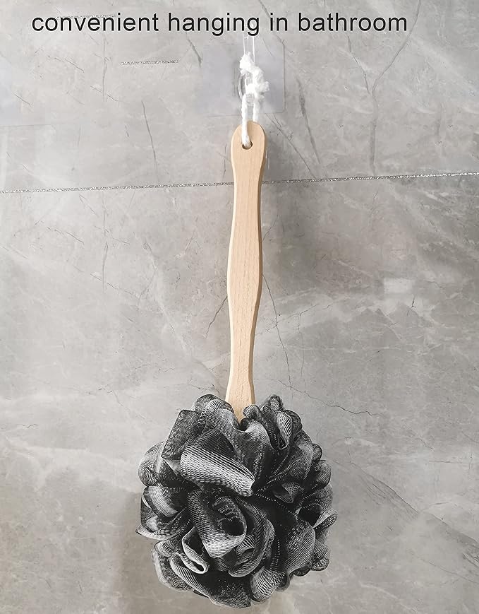 Shower Sponge Loofah Back Scrubber, Soft Mesh Body Scrubber with Wooden Handle, Bath Sponge for Women Kids (Black)