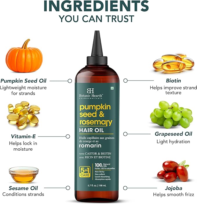 Botanic Hearth 100% Pure Rosemary Pumpkin Seed Oil for Hair Growth, Strengthening Hair Oil for Dry, Damaged, Thinning Hair, Nourishing Hair Tonic for Stronger & Healthier Scalp, Hair Serum, 6.7 fl oz